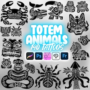 May include: Black tribal-style illustrations of various animals, including a crab, whale, and wolf, are displayed. The text "TOTEM ANIMALS 140 TATTOOS" is featured. Software icons for Procreate, Photoshop, Affinity Photo, and Fresco are also included.