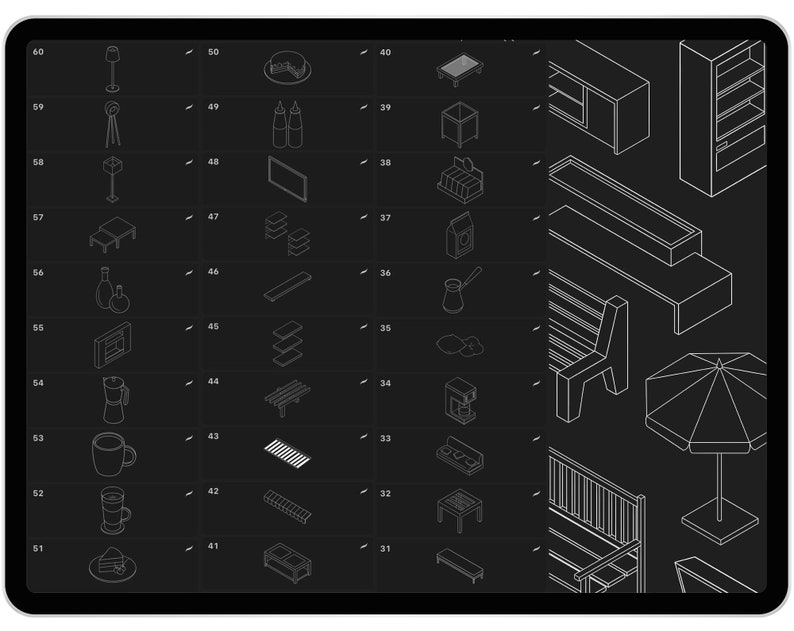 Puede incluir: Ilustraciones de arte lineal isom&eacute;trico de varios objetos, incluyendo muebles, utensilios de cocina y art&iacute;culos decorativos. Los objetos est&aacute;n representados en l&iacute;neas blancas sobre un fondo gris oscuro, con cada elemento numerado para referencia. La colecci&oacute;n incluye mesas, sillas, l&aacute;mparas y m&aacute;s.