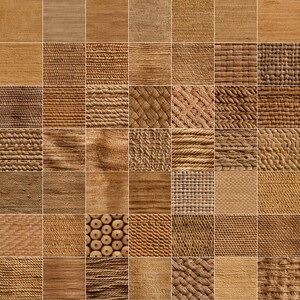 May include: A collection of 36 different woven fabric samples in various shades of brown. The samples are arranged in a grid pattern.