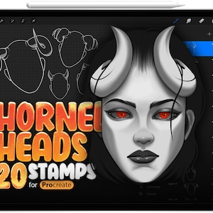 May include: A digital illustration of a woman with horns and red eyes. The text "Horner Heads 20 Stamps for Procreate" is in the foreground.