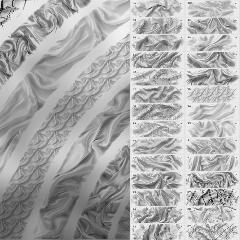 May include: A collection of 27 grayscale images showing different textures of fabric, including silk, satin, and patterned fabrics. The images are numbered from 73 to 100.