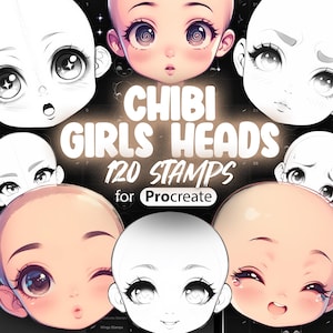 Op de afbeelding: Een set van 120 digitale stempels voor Procreate met verschillende expressies van chibi meisjeshoofden. De stempels zijn in zwart-wit en hebben verschillende kapsels, ogen en gezichtsuitdrukkingen.