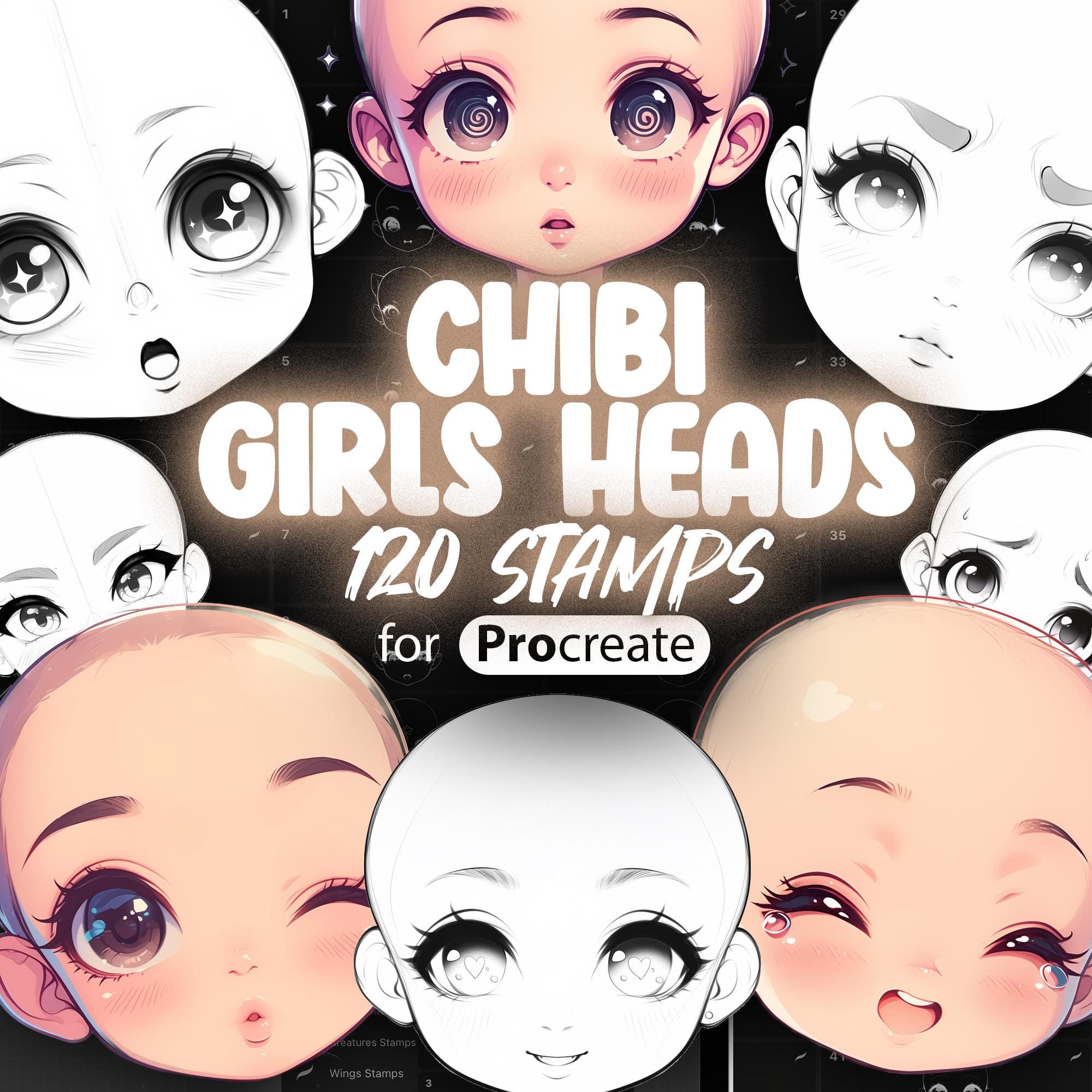 120 Procreate Chibi Girl Head & Face Stamps | Cute Chibi Emotion Brush Set