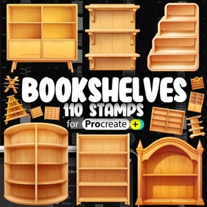 May include: A set of 110 digital stamps for Procreate featuring various styles of wooden bookshelves. The stamps are perfect for adding a touch of rustic charm to your digital art.