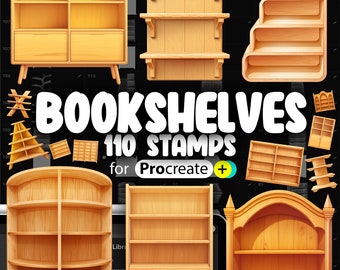 110 Procreate 2D Bookshelves Stamp Brushes | Procreate Bookshelf | Procreate Library | Procreate Shelf