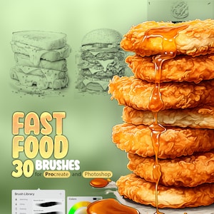 30 Fast Food Procreate Stamp Brushes, Burger, Hotdog, Tacos, Popcorn, French fries, Donuts, Food Procreate Brush