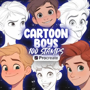 100 znaczków Procreate Cartoon Boys | Znaczki Procreate Cartoon Boys Heads | Pędzle Procreate Cartoon Man Face Stamp