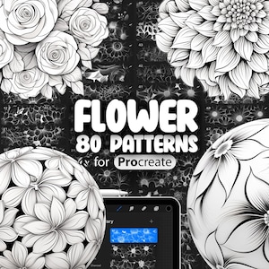 May include: A set of 80 black and white flower patterns for Procreate. The patterns are displayed on a black background with a digital tablet showing a sample pattern.