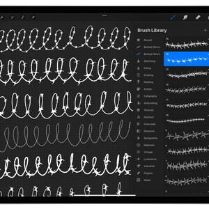 May include: A digital drawing app interface showing a variety of brush styles for creating barbed wire. The brush styles are displayed in a column on the right side of the screen. The brush styles are labeled with names like "Barbed Wire's", "Sketching", "Inking", "Drawing", "Painting", "Artistic", "Calligraphy", "Airbrushing", "Textures", "Abstract", "Charcoals", "Elements", "Spraypaints", "Materials", "Vintage", "Luminance", "Industrial", "Organic", and "Water".