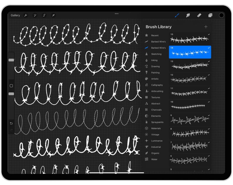 May include: A digital drawing app interface showing a variety of brush styles for creating barbed wire. The brush styles are displayed in a column on the right side of the screen. The brush styles are labeled with names like "Barbed Wire's", "Sketching", "Inking", "Drawing", "Painting", "Artistic", "Calligraphy", "Airbrushing", "Textures", "Abstract", "Charcoals", "Elements", "Spraypaints", "Materials", "Vintage", "Luminance", "Industrial", "Organic", and "Water".