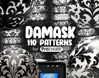 110 Procreate Damask Patterns | Traditional Floral Damask Procreate Texture Seamless Brushes | Procreate Damask Brush | Vintage Damask Brush