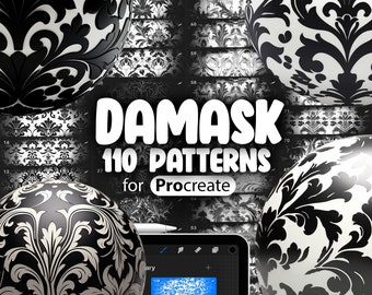 110 motifs damassés Procreate | Damas floral traditionnel Procreate brosses sans couture de texture | Brosse damassé Procreate | Pinceau damassé vintage