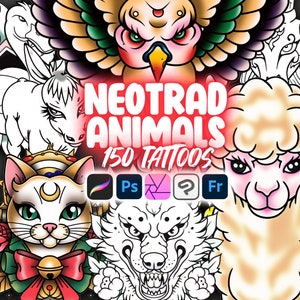 May include: A collection of 150 neo-traditional animal tattoo designs. The designs include a wolf, a cat, a bird, a lamb, and a unicorn. The designs are in black and white and are outlined in black. The text "NEOTRAD ANIMALS 150 TATTOOS" is in the center of the image. The logos for Procreate, Photoshop, Affinity Designer, Clip Studio Paint, and Figma are below the text.