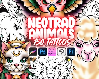 150 Sellos de tatuajes de animales neo tradicionales Procreate / Sellos de tatuajes de animales neo tradicionales de Photoshop / Clip Studio Paint Animals Tattoo