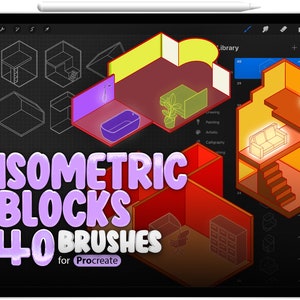 40 Isometric Blocks Brush for Procreate, Room Isometric Brush for Procreate, Isometric 3D Interior Procreate Stamps Brushes