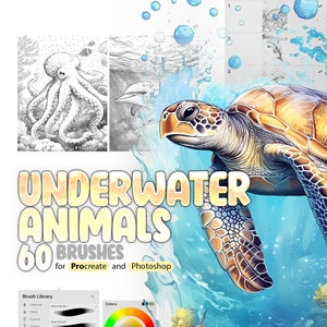 60 Underwater Animals Procreate Brushes, 60 Underwater Animals Photoshop Brushes, Sea Animals Stamp Brushes for Procreate, Ocean Animals