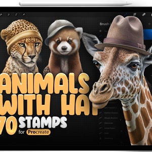 70 Procreate Animals with Hat Stamp Brushes, Procreate Dog, Procreate Cat, Procreate Elephant, Procreate Lion, Procreate Tiger