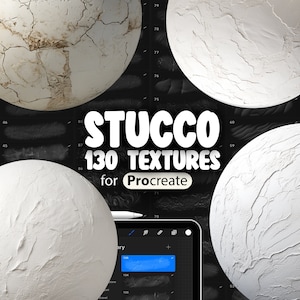 May include: A digital illustration of a white tablet with a blue screen showing a digital art app. The text "STUCCO 130 TEXTURES for Procreate" is displayed in white on a black background. Four white textured spheres are arranged around the tablet.