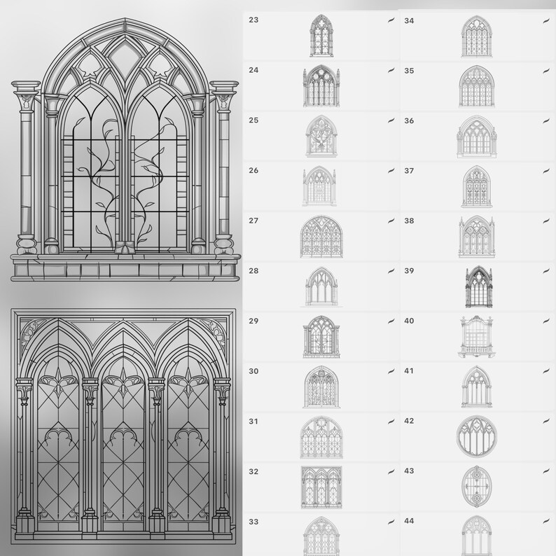 May include: A black and white line drawing of two different gothic style windows. The first window is a single window with a pointed arch and a decorative design. The second window is a triple window with a pointed arch and a decorative design.