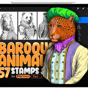 May include: A digital illustration of a leopard wearing a green hat and a pink scarf. The leopard is in a baroque style, with a yellow and purple patterned vest. The text "BAROQUE ANIMAL 57 STAMPS for Procreate Part - 3" is below the image.