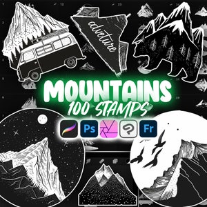 Puede incluir: Un conjunto de 100 sellos de montaña en blanco y negro para usar en Adobe Photoshop, Illustrator, Procreate y Clip Studio Paint. Los sellos presentan varias cordilleras, picos y otras imágenes relacionadas con la montaña. El texto "MOUNTAINS 100 STAMPS" se muestra en un círculo verde.