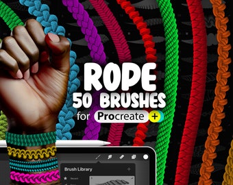 May include: Digital art brushes for Procreate. The image shows a hand with colorful rope-style bracelets, and a tablet displaying the brush library. The text reads "ROPE 50 BRUSHES for Procreate +."