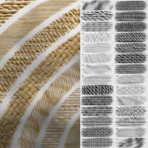May include: A collection of 16 different woven textures, including rope, basket weave, and fabric. The textures are shown in both a light brown and a gray color scheme.