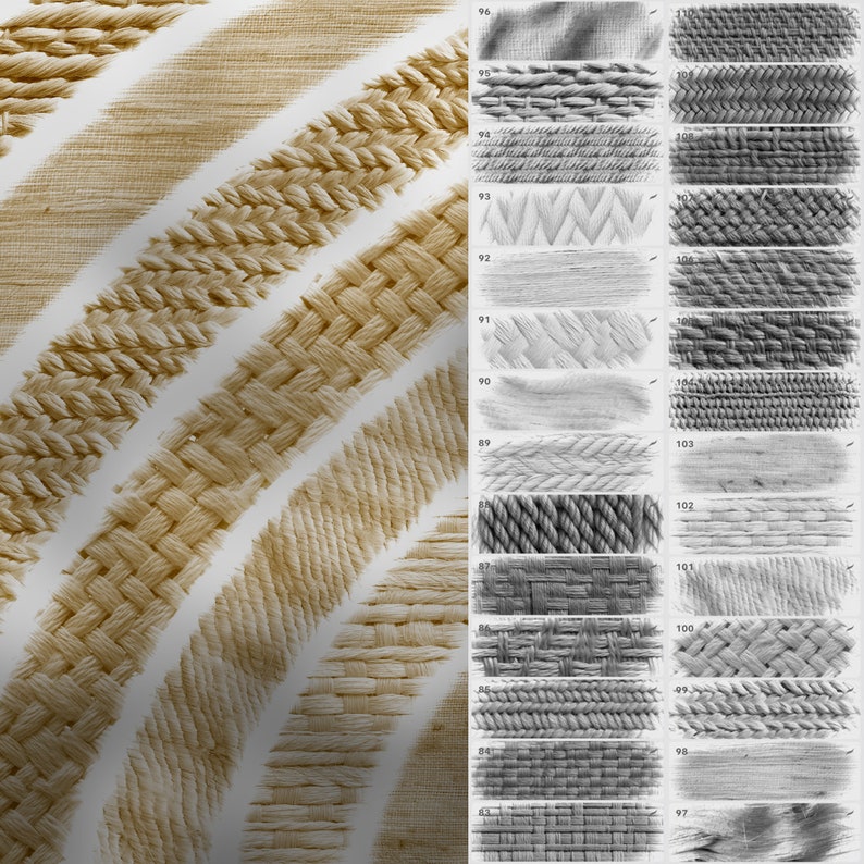 May include: A collection of 16 different woven textures, including rope, basket weave, and fabric. The textures are shown in both a light brown and a gray color scheme.