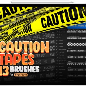May include: A set of 13 digital brushes for Procreate, featuring caution tape designs. The brushes include various styles of caution tape, such as "Caution", "Keep Out", "Hazard", and "Danger".