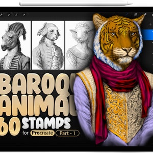60 Procreate Baroque Animals Part -1 Stamp Brushes, Procreate Bear, Procreate Bat, Procreate Zebra, Procreate Yak, Procreate Wolf