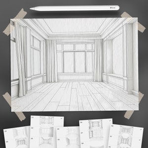 May include: A black and white line drawing of a room with a large window, two sets of curtains, and a fireplace. The drawing is on a white sheet of paper.