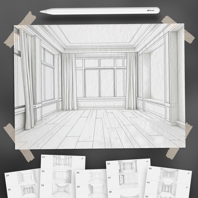 May include: A black and white line drawing of a room with a large window, two sets of curtains, and a fireplace. The drawing is on a white sheet of paper.