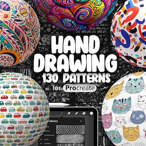 Könnte beinhalten: Eine digitale Illustration von 130 handgezeichneten Mustern für Procreate. Die Muster werden auf bunten Kugeln und einem Tablet-Bildschirm angezeigt. Die Muster umfassen geometrische Formen, Tiere und abstrakte Designs.