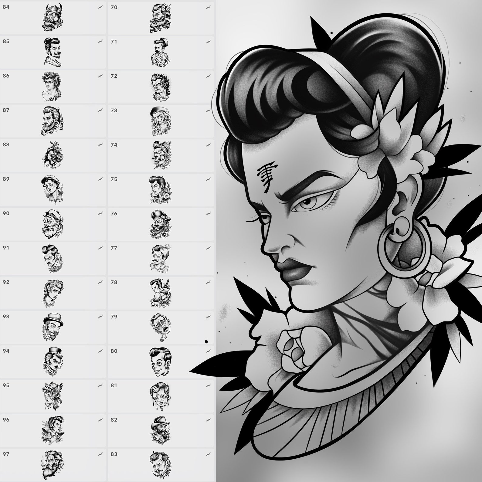 150 Procreate Neotraditional Men Tattoo Stamps | Photoshop Neo ...