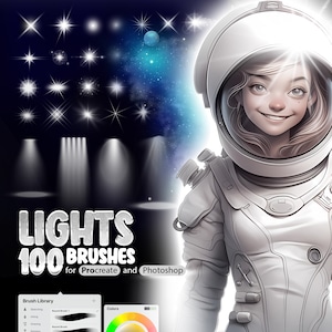 以下が含まれることがあります： ProcreateとPhotoshop用のデジタルアートブラシ。画像には、スターバーストやスポットライトなど、さまざまな光の効果がコレクションとして表示され、「LIGHTS 100 BRUSHES」というテキストがあります。宇宙飛行士のイラストが画像の右側にあります。