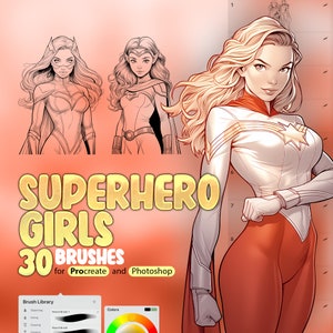 30 Superhero Girls Procreate Stamp Brushes, Procreate Superhero Women, Procreate Superhero Poses, Superhero Comic Procreate, Superhero Manga