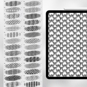 May include: A digital drawing tablet with a stylus and a screen displaying a variety of black and white textures, including chainmail, scales, and stripes.