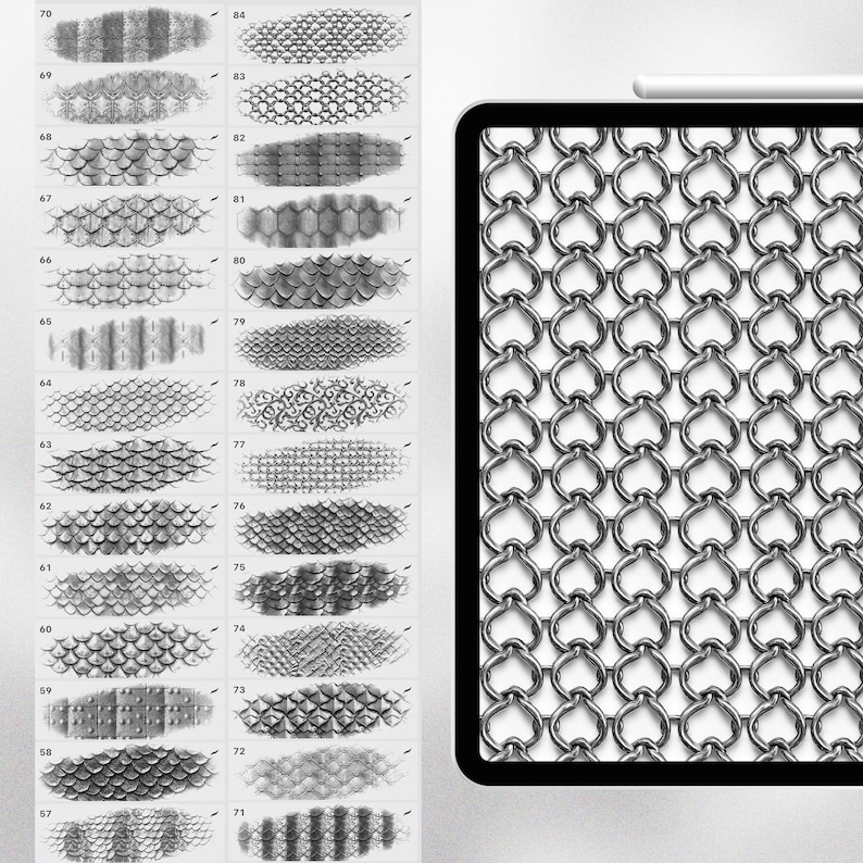 May include: A digital drawing tablet with a stylus and a screen displaying a variety of black and white textures, including chainmail, scales, and stripes.