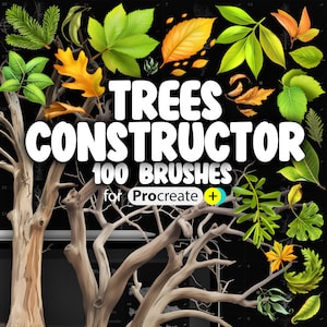 May include: A digital illustration of 100 tree brushes for Procreate. The image features a variety of tree branches, leaves, and trunks in different colours and styles. The text "Trees Constructor 100 Brushes for Procreate" is displayed in white letters on a black background.