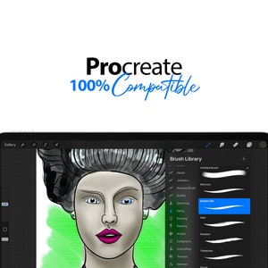 May include: A digital illustration of a woman with black hair and blue eyes. The illustration is displayed on a tablet screen with the text "Procreate 100% Compatible" at the top of the screen. The tablet screen also shows a brush library with various brush options.