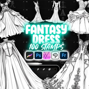 Op de afbeelding: Een verzameling van 100 fantasiejurk-stempels voor gebruik in digitale kunstprogramma's zoals Procreate, Photoshop, Affinity Designer, Clip Studio Paint en andere. De stempels tonen een verscheidenheid aan stijlen, waaronder baljurken, prinsessenjurken en meer.