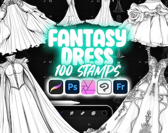100 Procreate Fantasy Dress Stamps | Procreate Fashion Dresses | Procreate Clothes | Procreate Clothing | Procreate Wedding Dress