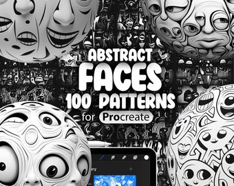 May include: A collection of 100 abstract face patterns for Procreate. The patterns are black and white and feature a variety of faces with different expressions. The patterns are perfect for creating unique and interesting designs.