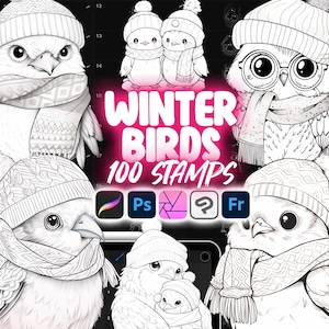 May include: Black and white digital illustration of 100 winter bird stamps. The image features a variety of birds wearing hats and scarves. The text "Winter Birds 100 Stamps" is displayed in pink letters on a black background. The image also includes logos for Adobe Photoshop, Adobe Illustrator, Affinity Designer, and Affinity Photo.