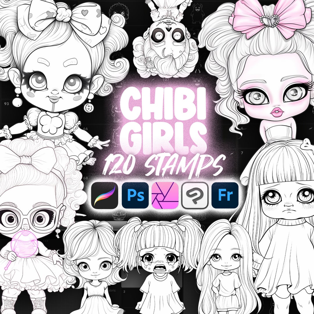 120 Procreate Cute Chibi Girls Stamp Brushes | Procreate Chibi ...