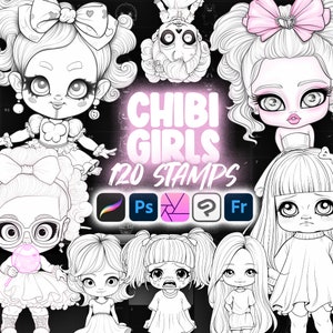120 Procreate Cute Chibi Girls Stamp Brushes | Procreate Chibi Characters Stamps | Procreate Chibi Female Brush | Procreate Chibi Doll Stamp