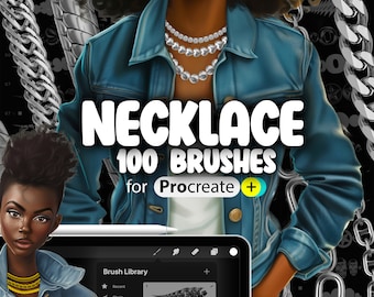 May include: A digital illustration of a woman wearing a denim jacket and a silver necklace. The image is a product advertisement for 100 Procreate brushes for creating necklace designs.