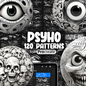 May include: A digital illustration of 120 black and white patterns for Procreate. The patterns are abstract and geometric, with a psychedelic and trippy vibe. The patterns are arranged in a grid, with a title card that reads "PSYHO 120 PATTERNS for Procreate".