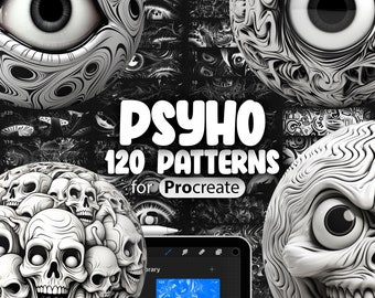 May include: A digital illustration of 120 black and white patterns for Procreate. The patterns are abstract and geometric, with a psychedelic and trippy vibe. The patterns are arranged in a grid, with a title card that reads "PSYHO 120 PATTERNS for Procreate".