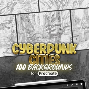 May include: A set of 100 black and white cyberpunk city backgrounds for Procreate. The backgrounds feature detailed line drawings of futuristic cityscapes.